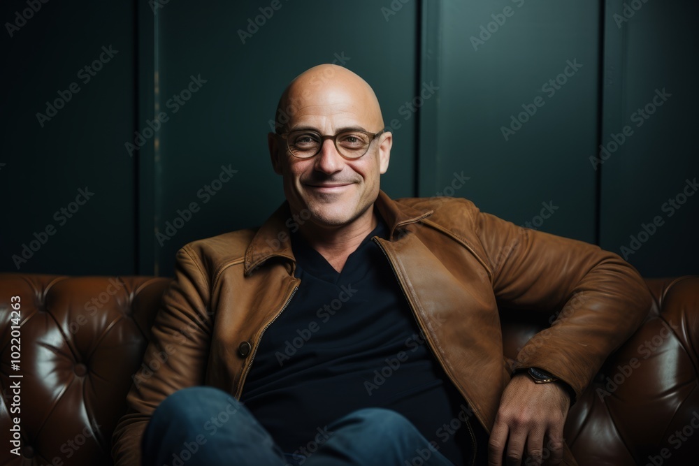 Portrait of a handsome bald man in a leather jacket and glasses Portrait of a handsome bald man in a leather jacket and glasses
