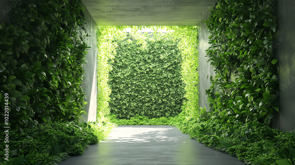 A serene corridor illuminated by natural light, flanked by lush green plants, creating a peaceful escape into nature and tranquility. A serene corridor illuminated by natural light, flanked by lush green plants, creating a peaceful escape into nature and tranquility.