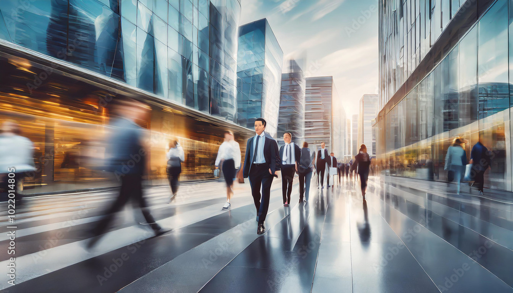 Busy business district with professionals walking in modern city during sunset hours Busy business district with professionals walking in modern city during sunset hours