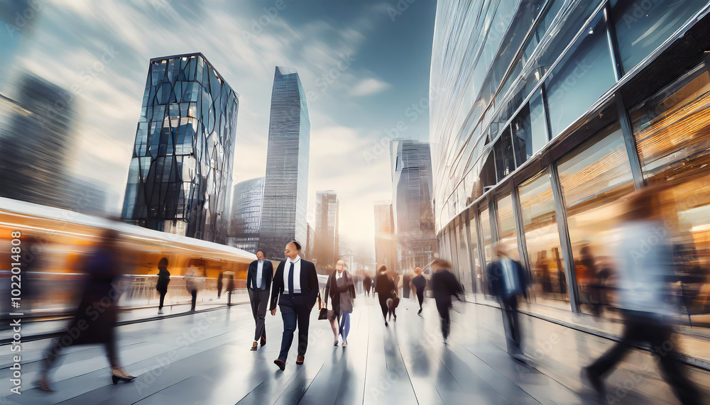 Busy urban street bustling with professionals commuting to work during the morning in a modern city Busy urban street bustling with professionals commuting to work during the morning in a modern city