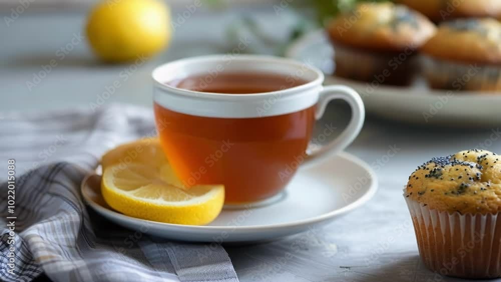 Freshly baked poppy seed muffins are served with a cup of tea and lemon slices on a gray countertop. The perfect way to start the day. Freshly baked poppy seed muffins are served with a cup of tea and lemon slices on a gray countertop. The perfect way to start the day.