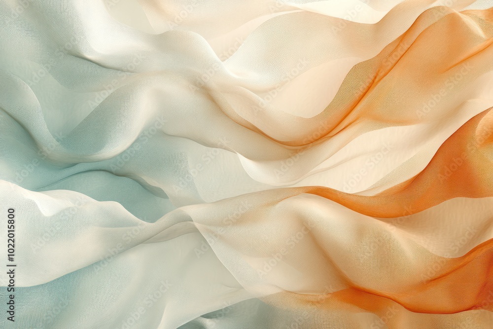 Fototapeta premium Abstract background of flowing, soft, light blue and orange fabric, with a gradient effect, creating waves and ripples.