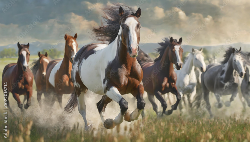 A flock of galloping horses races through a sunlit meadow with rolling hills in the background during a tranquil afternoon playtime A flock of galloping horses races through a sunlit meadow with rolling hills in the background during a tranquil afternoon playtime