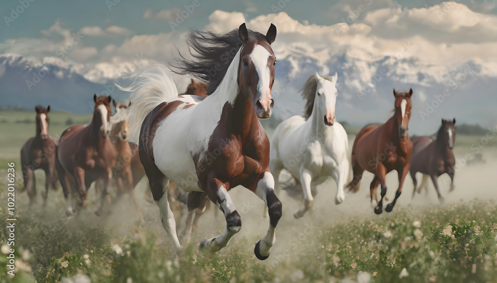 A herd of horses gallops wildly across a grassy meadow with mountains in the background during the golden hour A herd of horses gallops wildly across a grassy meadow with mountains in the background during the golden hour