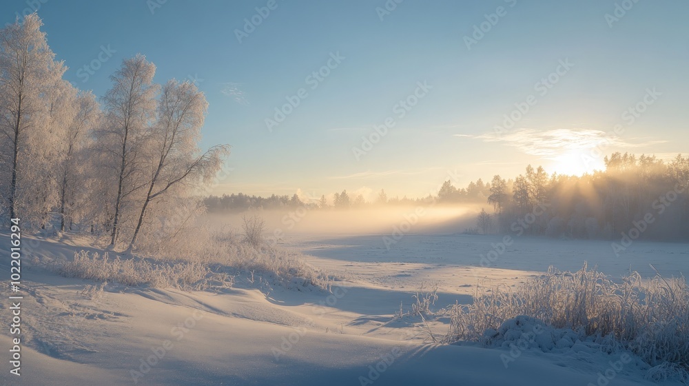 A snowy field with frost-covered trees and a hazy sunrise. A snowy field with frost-covered trees and a hazy sunrise.