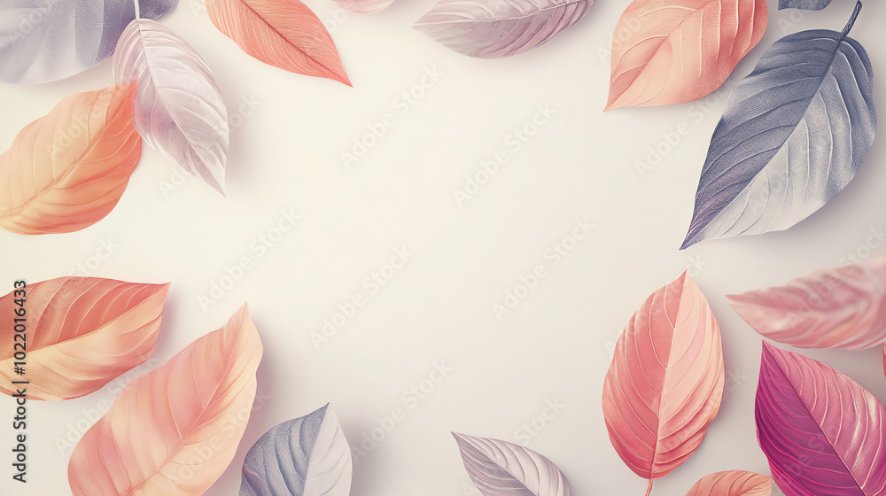 Fototapeta premium Colorful autumn leaves arranged in a decorative frame on a soft background, creating a warm, inviting atmosphere for seasonal themes.