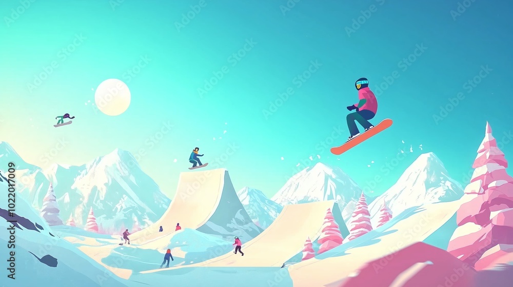 A vibrant and dynamic illustration of snowboarders performing aerial tricks and riding over snowy ramps against a backdrop of majestic snow-covered mountains A vibrant and dynamic illustration of snowboarders performing aerial tricks and riding over snowy ramps against a backdrop of majestic snow-covered mountains
