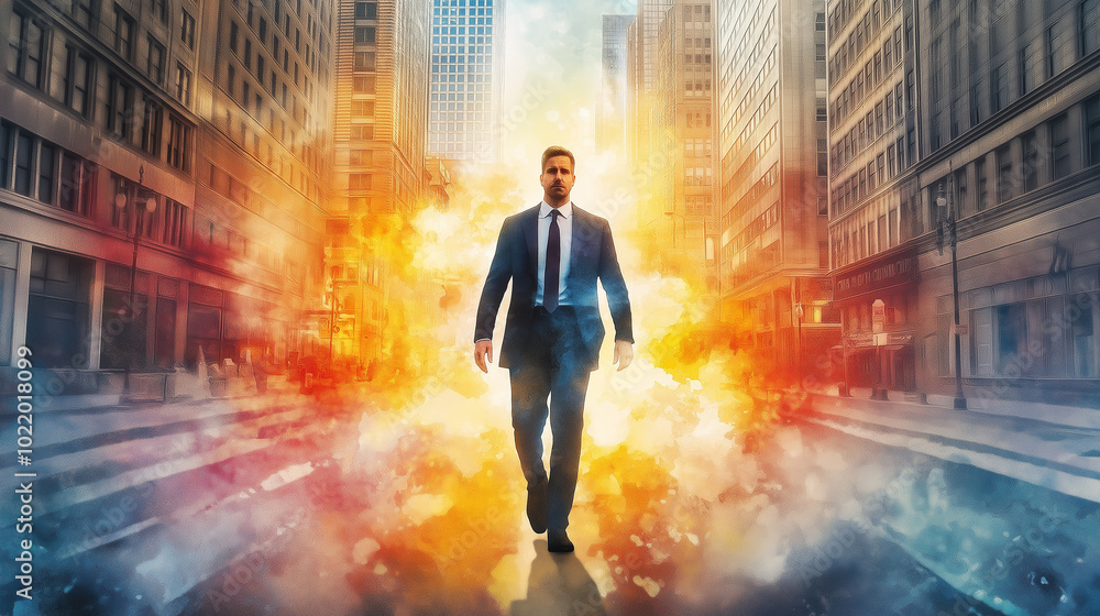 Dramatic scene of a man in a suit walking confidently through an explosion in a city backdrop Dramatic scene of a man in a suit walking confidently through an explosion in a city backdrop