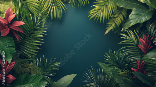 Lush tropical leaves frame a dark textured background, creating a vibrant and natural setting perfect for a relaxation or garden theme.