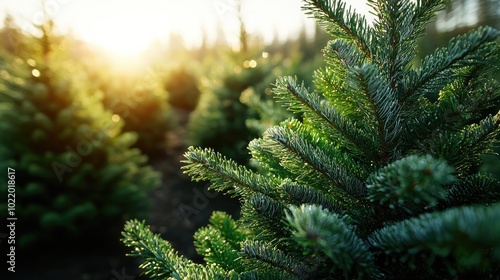 Christmas Background, Lush green pine trees illuminated by soft sunlight in a serene forest setting.