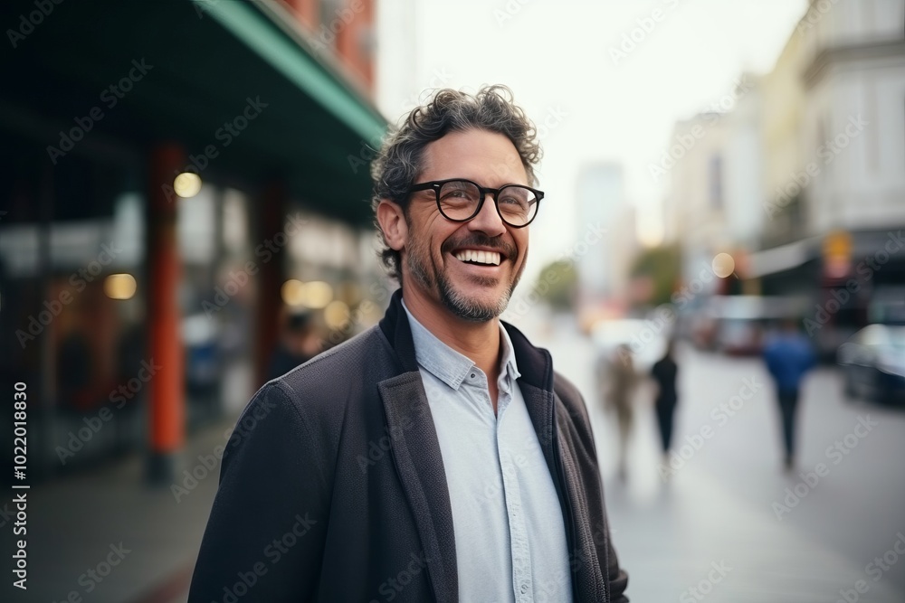 Portrait of handsome middle-aged man in eyeglasses smiling outdoors. Portrait of handsome middle-aged man in eyeglasses smiling outdoors.