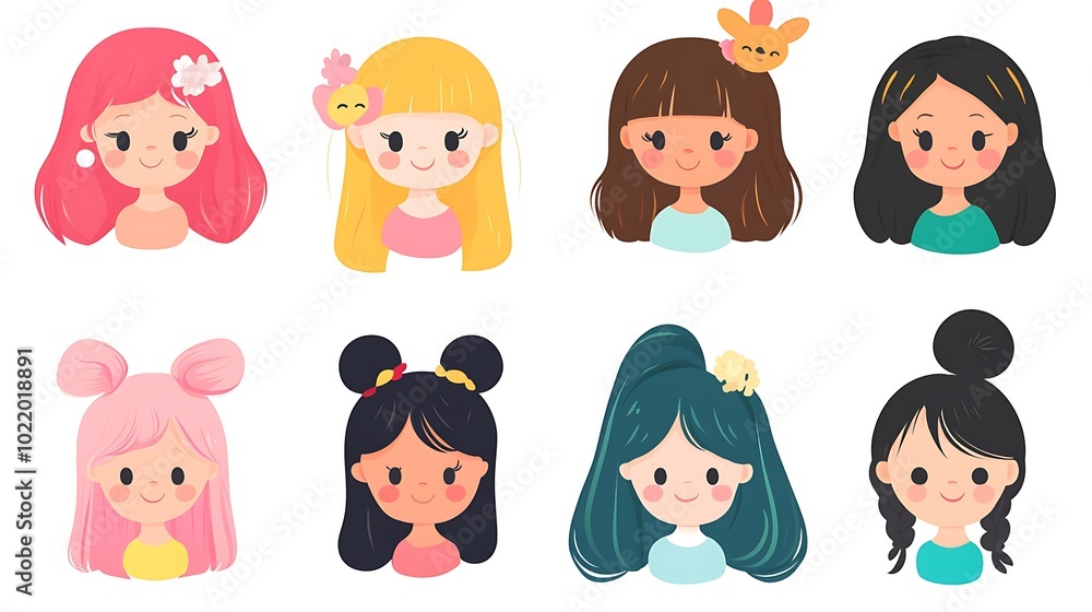 Cute cartoon girl avatars with different hair styles and colors. Illustration of diverse women characters for social media profile pictures, stickers, and avatars. Cute cartoon girl avatars with different hair styles and colors. Illustration of diverse women characters for social media profile pictures, stickers, and avatars.
