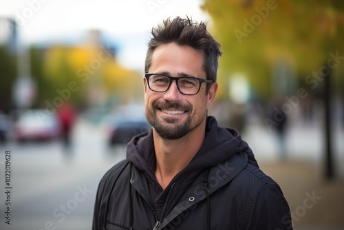 Portrait of a handsome man with glasses smiling at the camera.