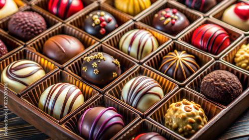 Luxurious chocolate box with assorted pralines, indulgent mood and gourmet presentation photo