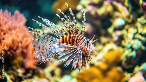 Colorful Lionfish Swimming Among Coral Reefs