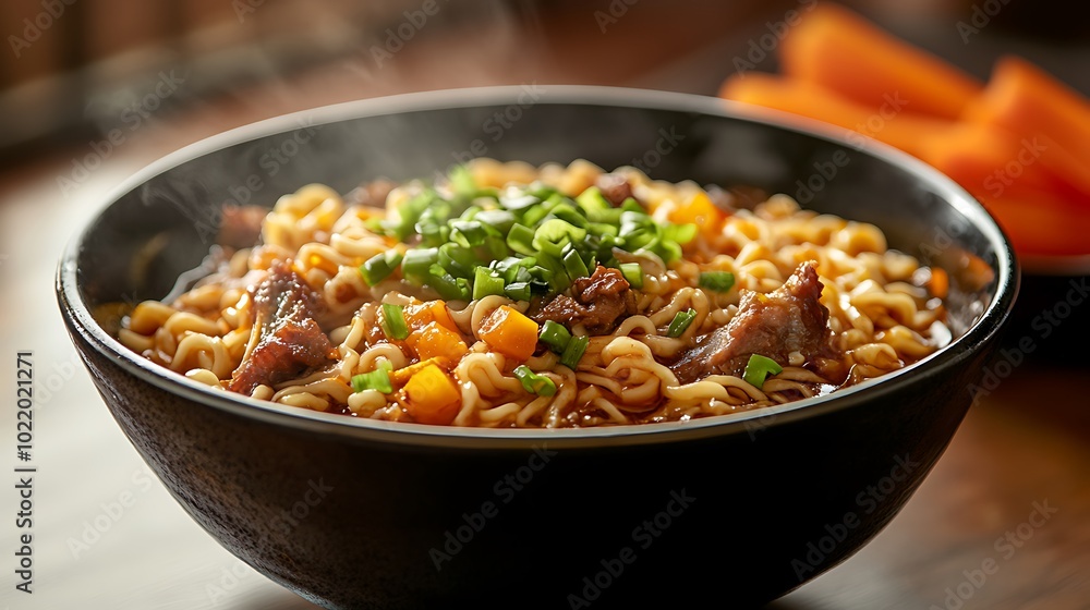 A steaming bowl of beef ramen noodles with carrots and green onions. A steaming bowl of beef ramen noodles with carrots and green onions.