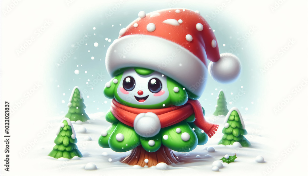 3D funny Christmas tree cartoon on snowy background. Christmas concept 3D funny Christmas tree cartoon on snowy background. Christmas concept