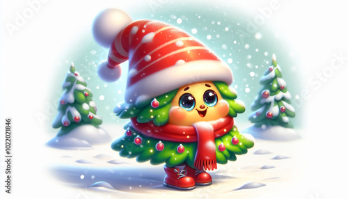 3D funny Christmas tree cartoon on snowy background. Christmas concept