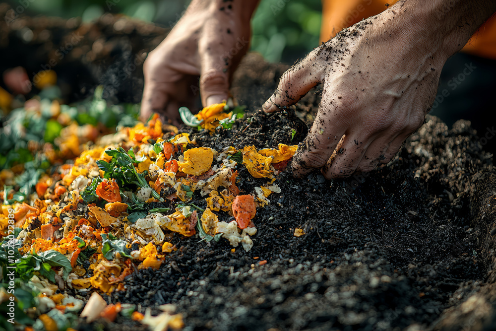 Fototapeta premium A person composting food scraps at home, turning waste into nutrient-rich soil for gardening. Concept of waste management.