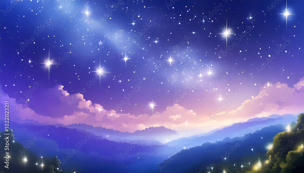 Starry night sky over serene mountains at twilight with twinkling stars illuminating the dark landscape Starry night sky over serene mountains at twilight with twinkling stars illuminating the dark landscape