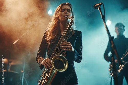 woman playing saxophone on stage with bright concert lighting and smoke photo