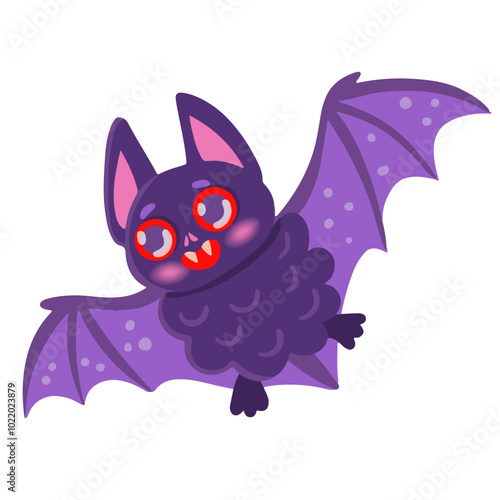 A cute funny cartoon bat is flying and smiling, isolated on a white background. Vector illustration for Halloween