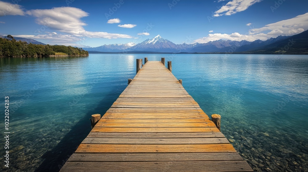 Fototapeta premium Serene Lake Dock with Majestic Mountain View