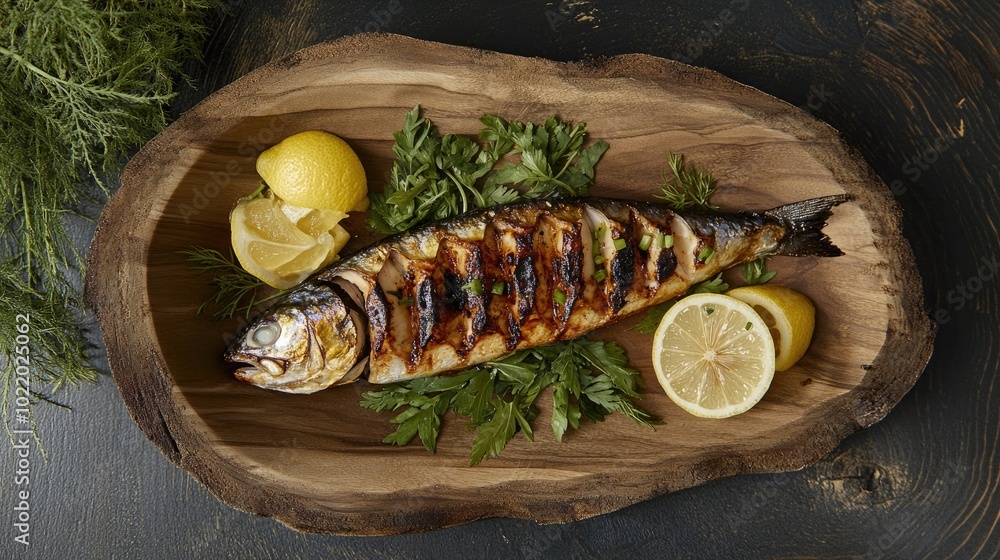 Grilled Fish with Lemon on Wooden Plate Grilled Fish with Lemon on Wooden Plate