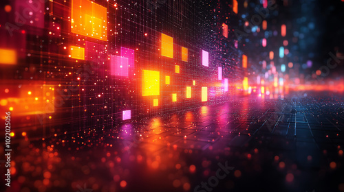 A vibrant digital corridor, glowing with orange and pink squares, reflecting on a dark, patterned floor with data streams flow through the space.