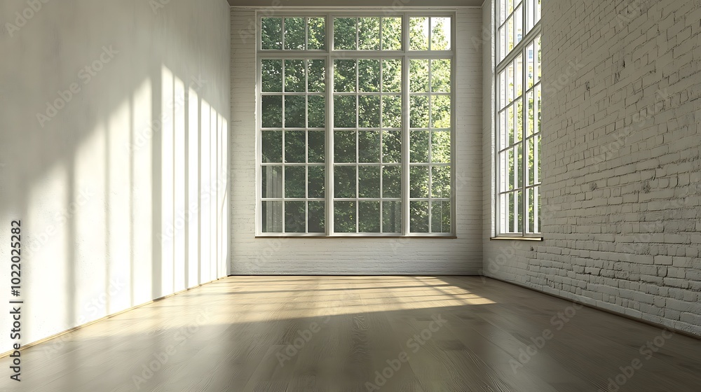 Fototapeta premium Minimalist white room with large window and sunlight streaming through