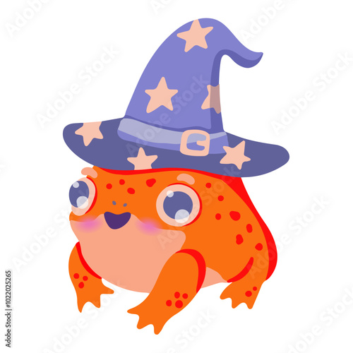 Cute cartoon vector toad in a witch hat isolated on a white background. Halloween Illustration