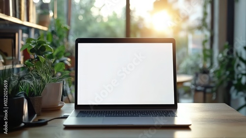 Laptop with blank screen on wooden desk in a modern office with plants and sun glare.