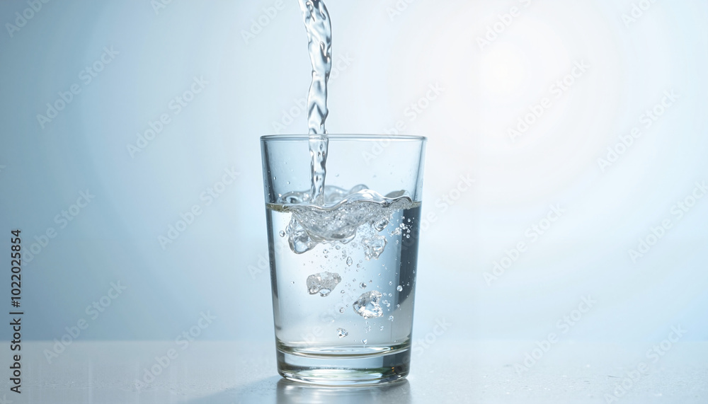 Pouring water into glass, creating bubbles, on light background
