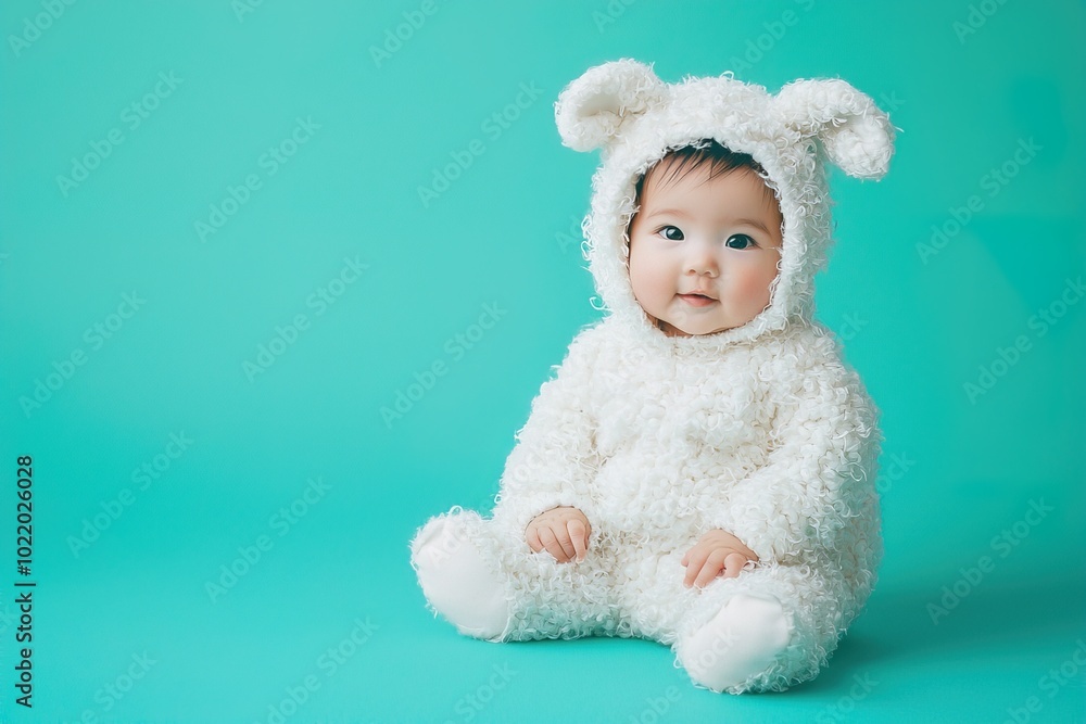 adorable little baby in white fuzzy sheep pajamas sitting on blue background
