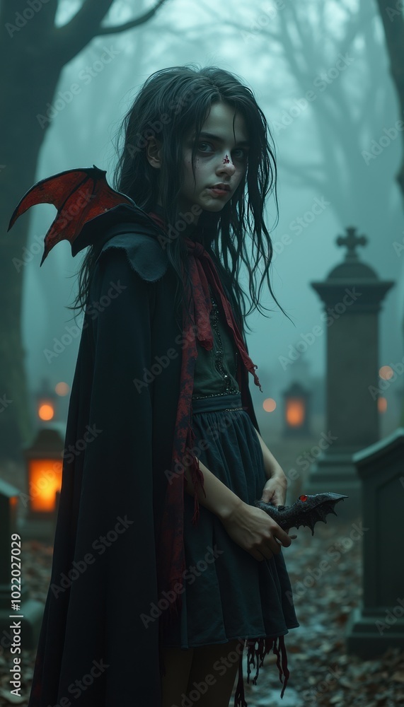 comedic girl zombie in a vampire cape, holding a toy bat, standing awkwardly on the right side of a misty graveyard with glowing tombstones. comedic girl zombie in a vampire cape, holding a toy bat, standing awkwardly on the right side of a misty graveyard with glowing tombstones.