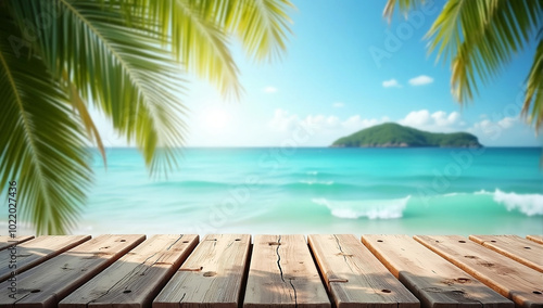 Wooden deck on beautiful ocean beach landscape plam tree leaves in the side