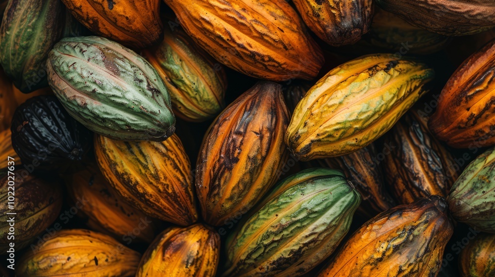 Close up of cocoa fruit background, top view. Photorealistic high resolution macro photography for advertising or food design Close up of cocoa fruit background, top view. Photorealistic high resolution macro photography for advertising or food design
