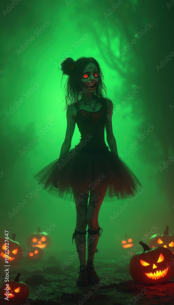 girl zombie on the right, dressed as a ballerina with a torn tutu, standing against a one-color neon green background with glowing pumpkin faces scattered. girl zombie on the right, dressed as a ballerina with a torn tutu, standing against a one-color neon green background with glowing pumpkin faces scattered.