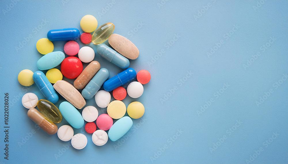 A scattering of colorful pills and capsules in various shapes and sizes on a flat blue surface. Generative AI. A scattering of colorful pills and capsules in various shapes and sizes on a flat blue surface. Generative AI.
