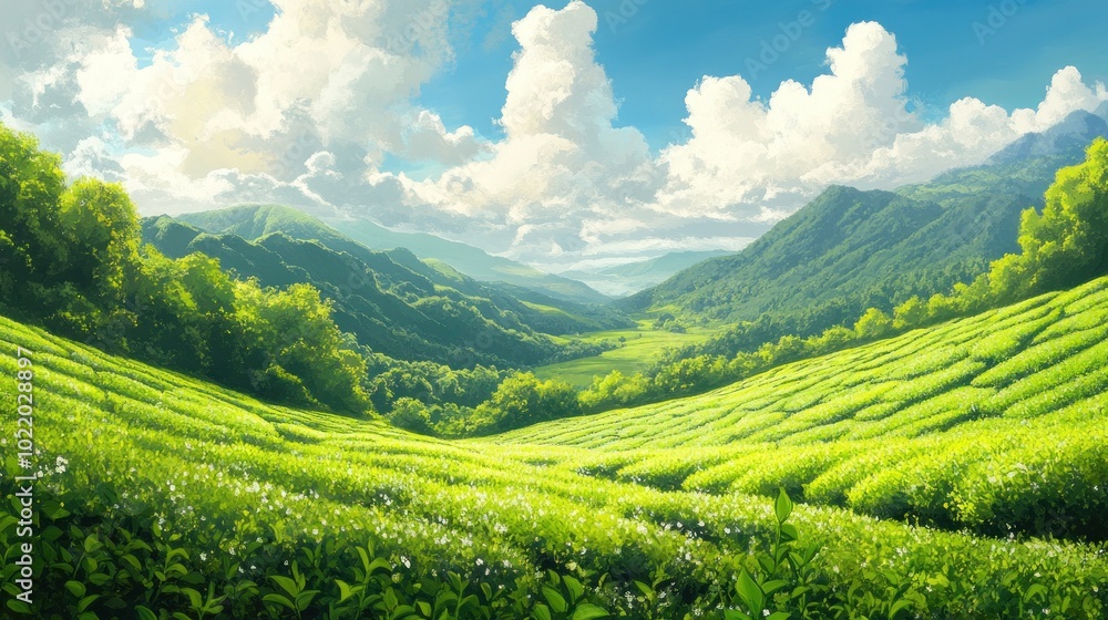A picturesque panorama of rolling green hills, lush vegetation, and a vibrant blue sky with puffy clouds. A picturesque panorama of rolling green hills, lush vegetation, and a vibrant blue sky with puffy clouds.