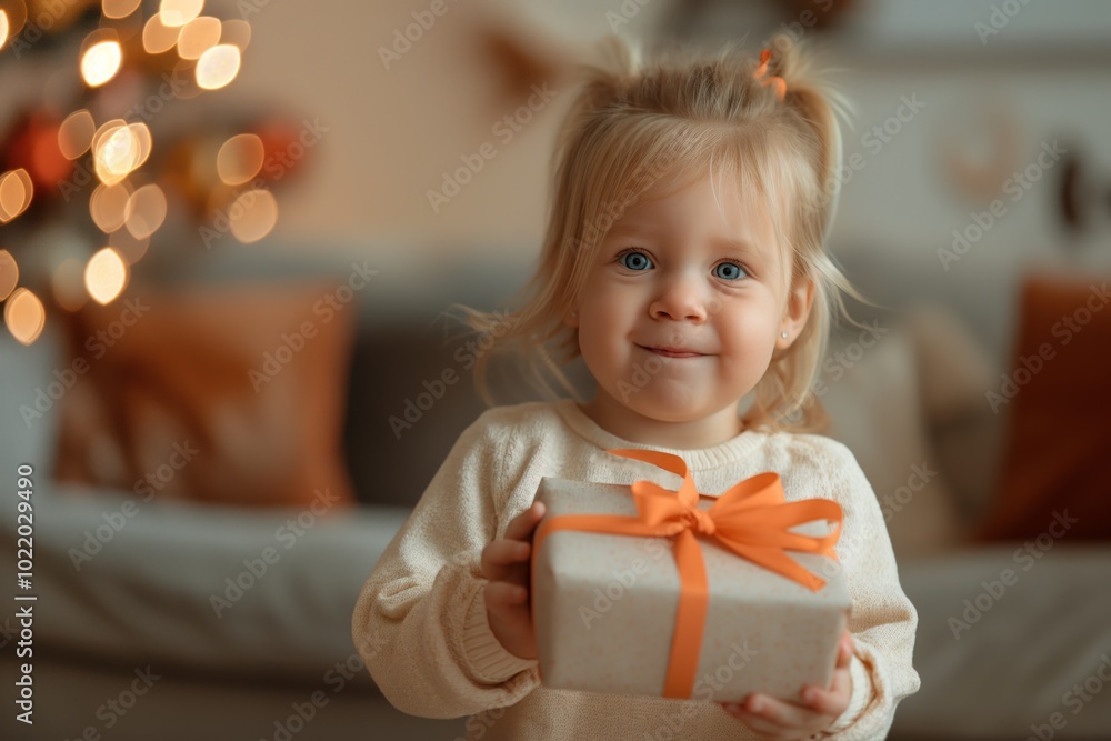 A charming scene in a cozy home with a cute toddler holding a Christmas present, capturing the joyful spirit of the season. The atmosphere is filled with happiness and nostalgia, a beautiful memory A charming scene in a cozy home with a cute toddler holding a Christmas present, capturing the joyful spirit of the season. The atmosphere is filled with happiness and nostalgia, a beautiful memory