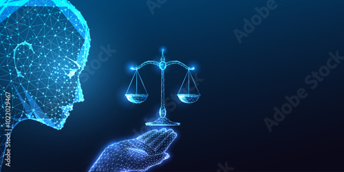 AI robotic head gazes at hand holding scales on dark blue background. Ethics decision-making concept