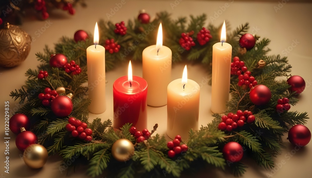 Charming Christmas Composition with Lit Candles, Fir Branches, Red Berries, and Golden Ornaments Charming Christmas Composition with Lit Candles, Fir Branches, Red Berries, and Golden Ornaments