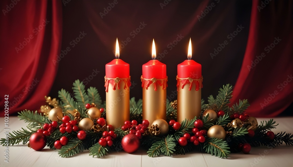 Charming Christmas Composition with Lit Candles, Fir Branches, Red Berries, and Golden Ornaments Charming Christmas Composition with Lit Candles, Fir Branches, Red Berries, and Golden Ornaments