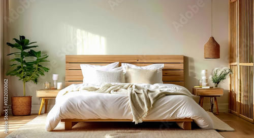 Calm bedroom environment with wooden bed, plant and wooden lamp. Simple Fresh white and cream bedroom. 