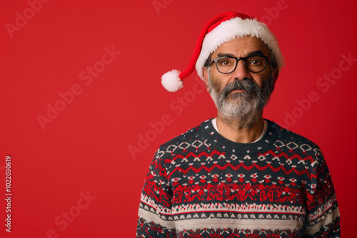 Man Celebrating Christmas in Santa Hat and Patterned Sweater with Cheerful Expression on Blank Background