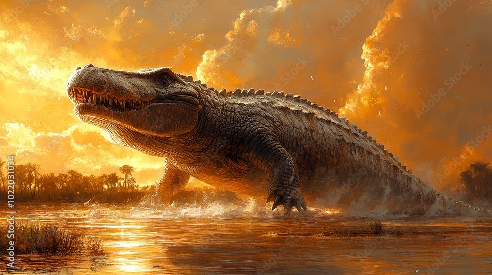 Giant Alligator Emerging From Water at Sunset Giant Alligator Emerging From Water at Sunset