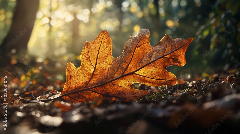Close-up of autumn leaf illuminated by sunlight in forest
Close-up of autumn leaf illuminated by sunlight in forest
