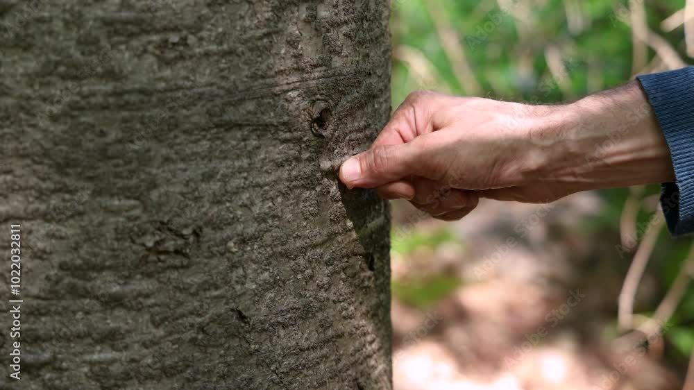 Herbalist extracting resin from a fir tree trunk in a forest, showcasing the traditional method of tapping for natural remedies. Selective focus