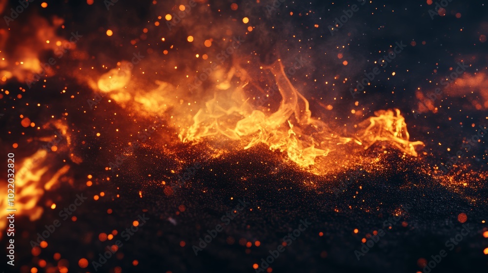Fiery abstract flame against a dark backdrop. Graphic representation of blazing embers, night-time bonfire, and sizzling fire. Fiery abstract flame against a dark backdrop. Graphic representation of blazing embers, night-time bonfire, and sizzling fire.